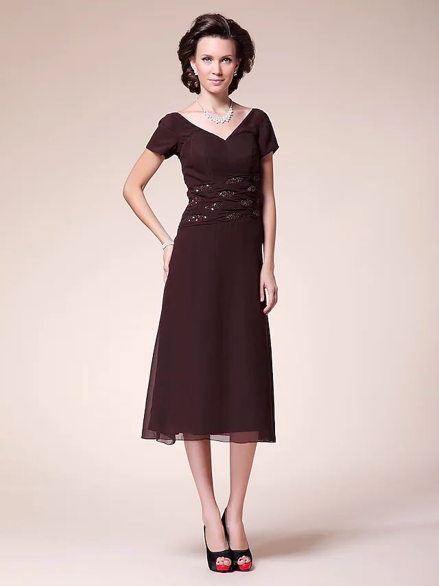 Ballkleid Cocktailparty Hochzeitsfeierkleid V-Ausschnitt Kurzarm Teelänge Chiffon mit gerüschter Perlenstickerei